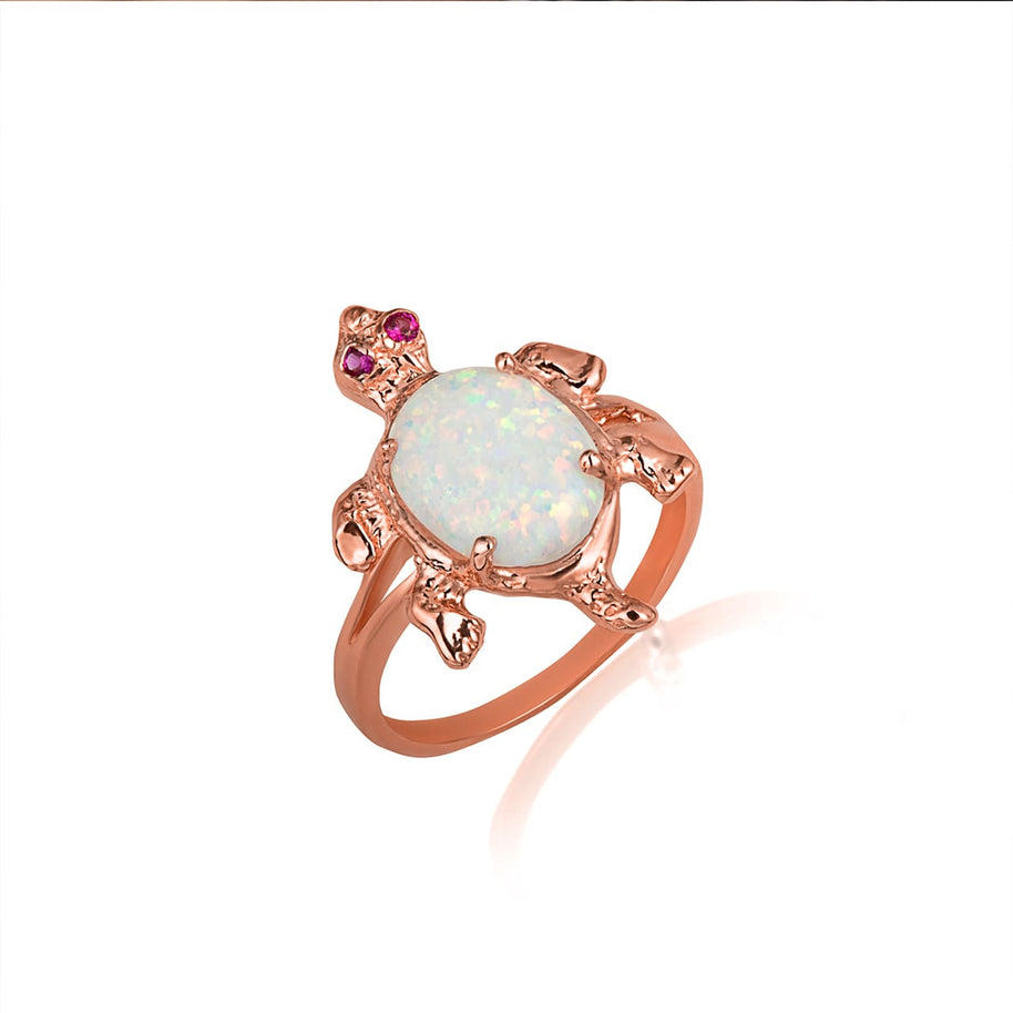 Gold Opal & Ruby Birthstone Sea Turtle Ring (Available in Yellow/Rose/White Gold)