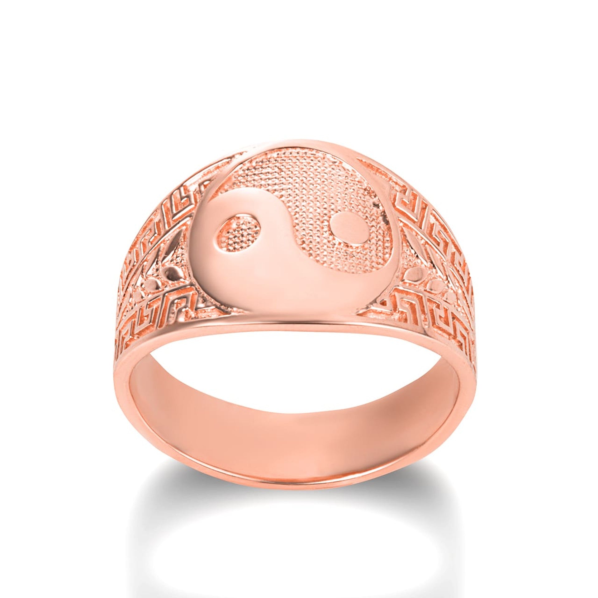 Gold Large Chinese Yin & Yang Tai Chi Textured Greek Key Olive Branch Ring (Available in Yellow/Rose/White Gold)