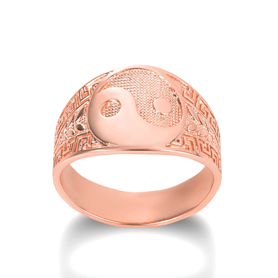 Gold Large Chinese Yin & Yang Tai Chi Textured Greek Key Olive Branch Ring (Available in Yellow/Rose/White Gold)
