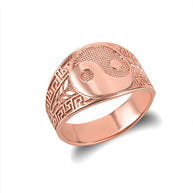 Gold Large Chinese Yin & Yang Tai Chi Textured Greek Key Olive Branch Ring (Available in Yellow/Rose/White Gold)