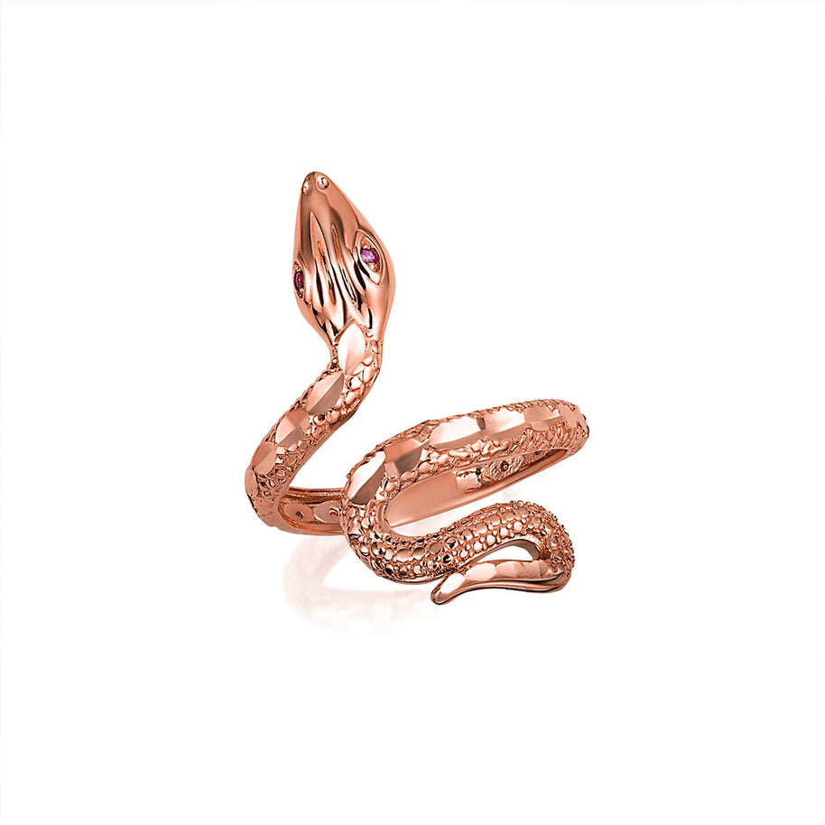 Gold Diamond Cut Textured Snake Ruby Birthstone Ring (Available in Yellow/Rose/White Gold)