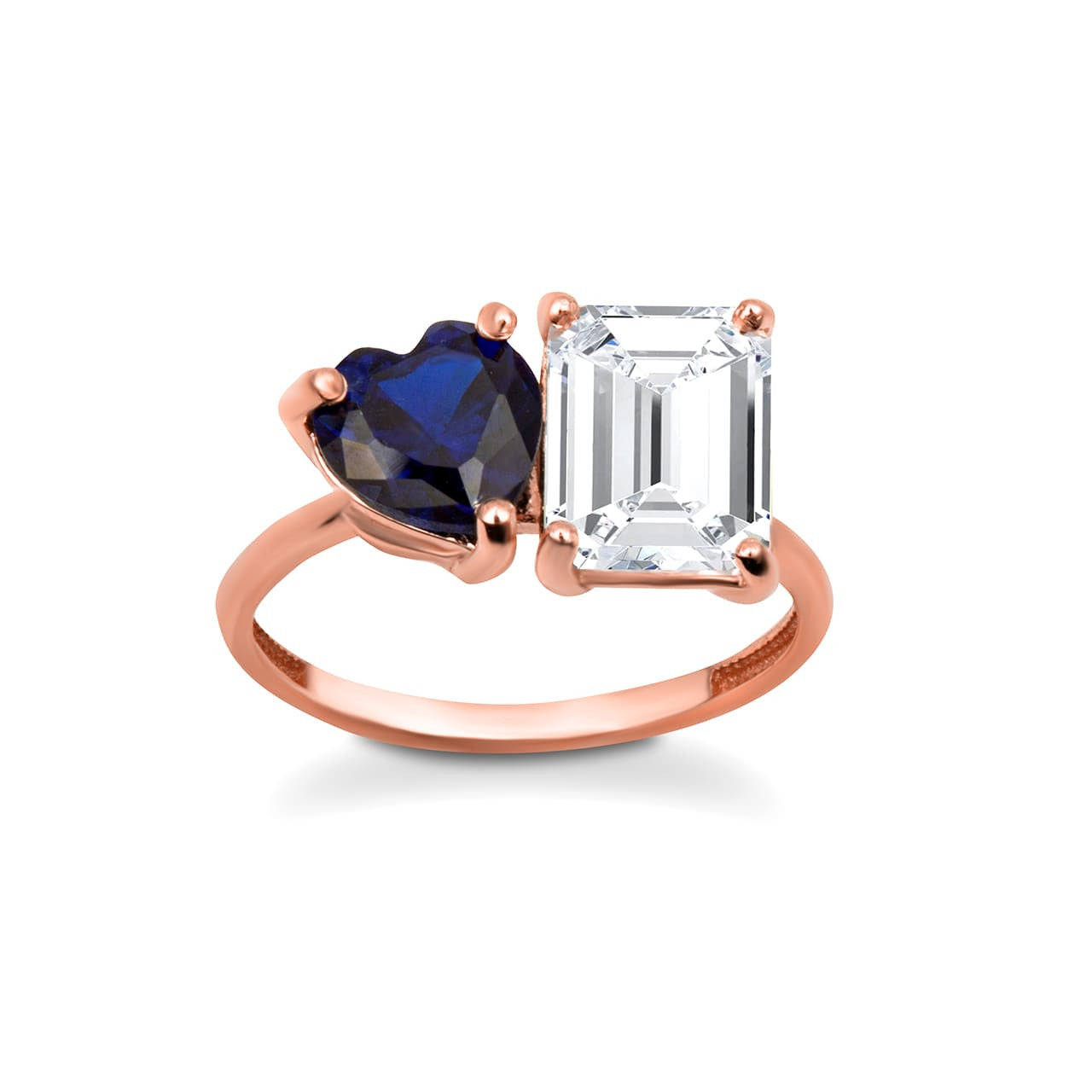 Gold Custom Toi et Moi Heart & Emerald Cut Birthstone Engagement Ring (Available in Yellow/Rose/White Gold)