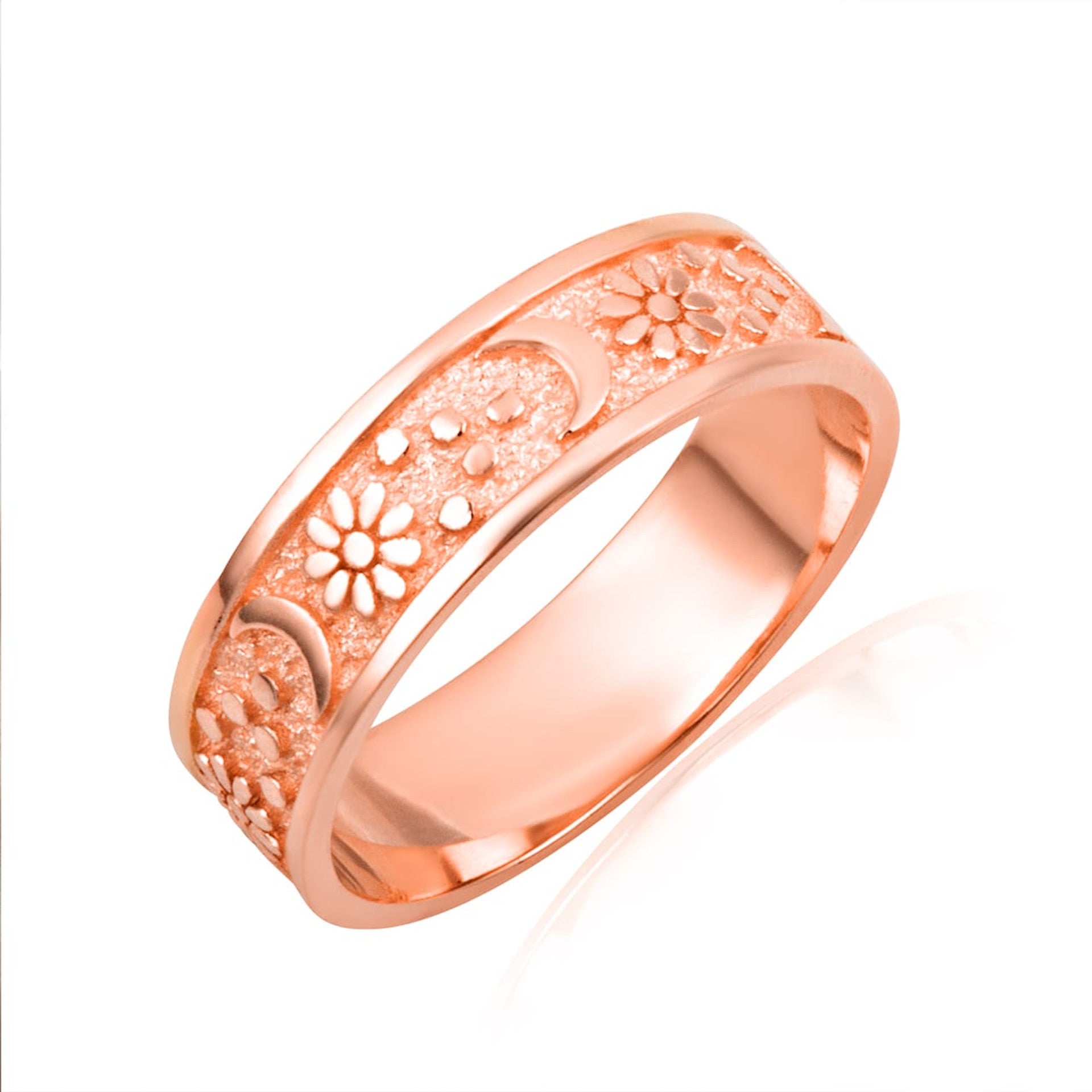 Gold Daisy Flower Moon Textured Band Ring (Available in Yellow/Rose/White Gold)