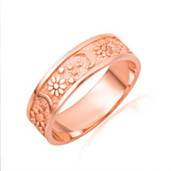 Gold Daisy Flower Moon Textured Band Ring (Available in Yellow/Rose/White Gold)