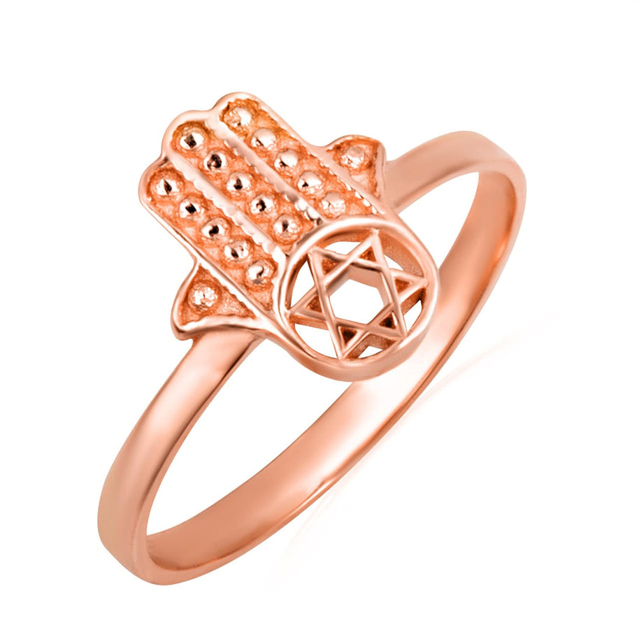 Gold Jewish Star Of David Hamsa Hand Beaded Ring (Available in Yellow/Rose/White Gold)
