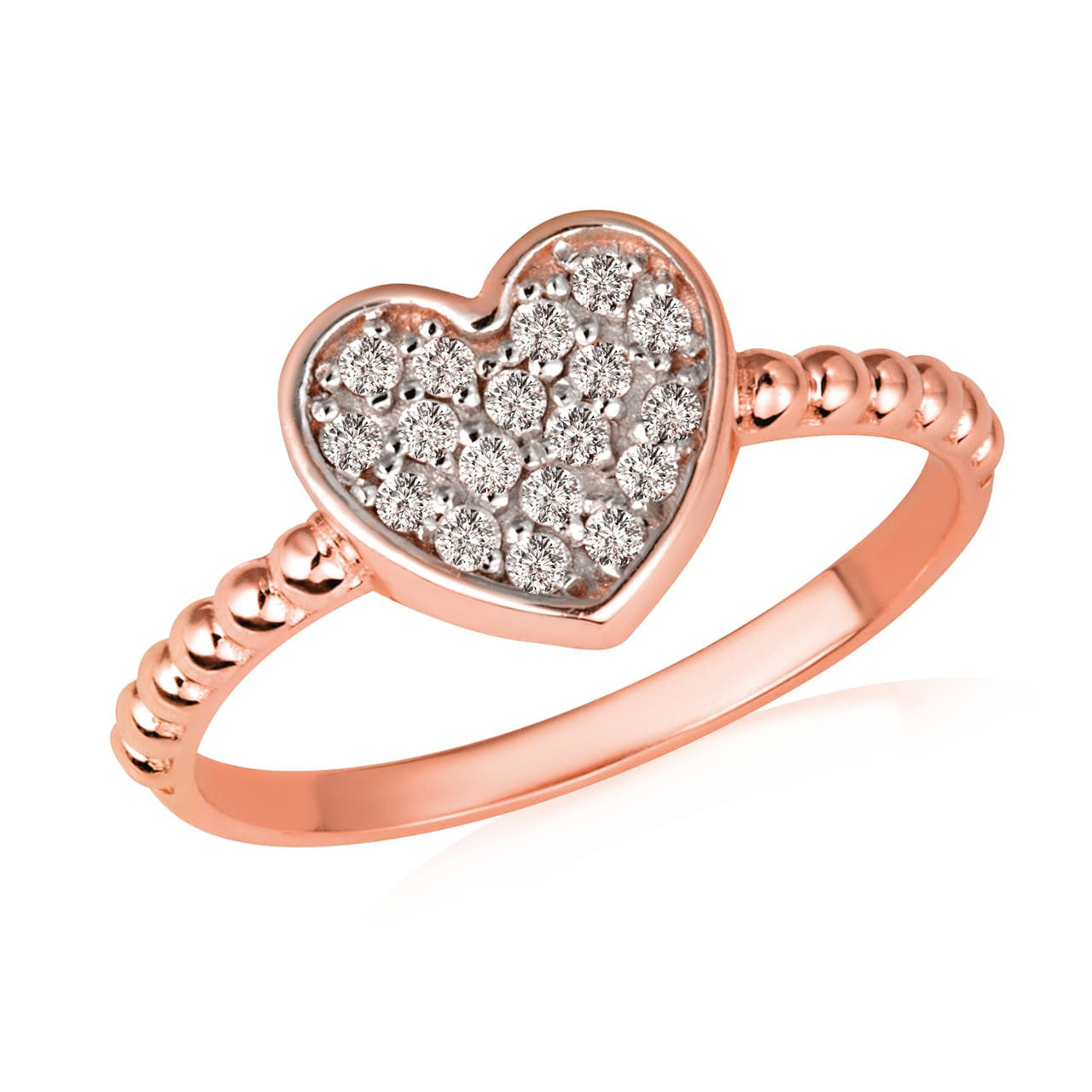 Gold Diamond Studded Heart Beaded Band Ring (Available in Yellow/Rose/White Gold)