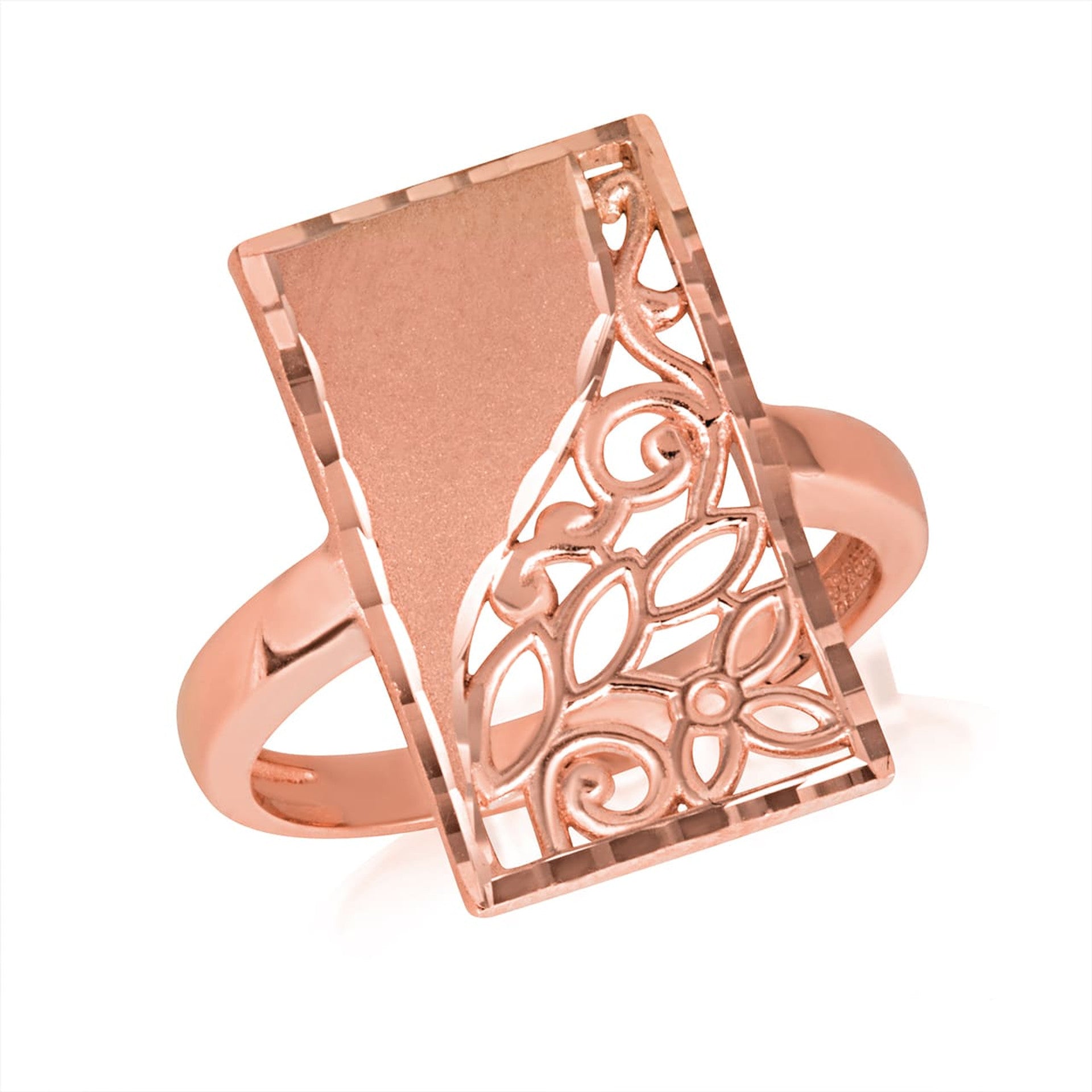 Gold Rectangle Diamond Cut Floral Statement Ring (Available in Yellow/Rose/White Gold)