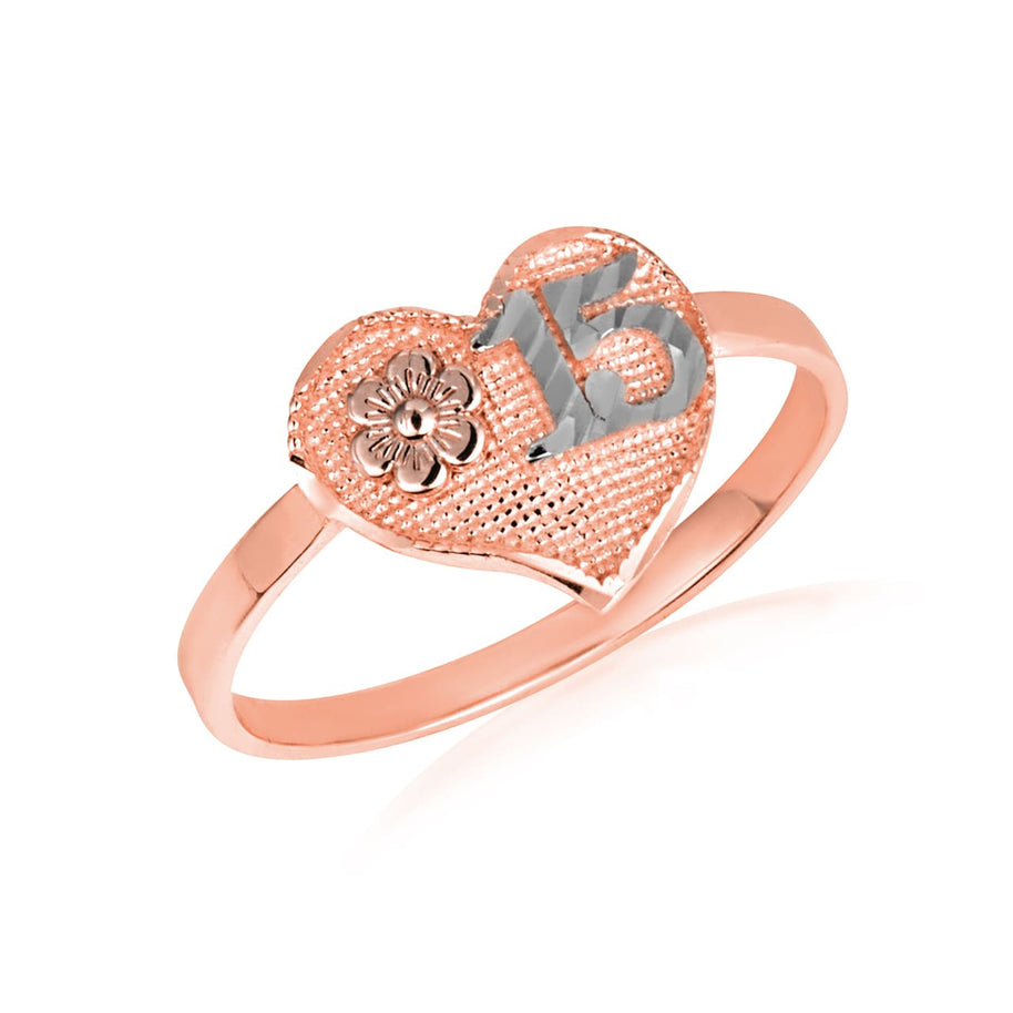 Tri-Color Gold Diamond Cut Beaded Heart 15 Años Flower Quinceañera Ring (Available in Yellow/Rose/White Gold)