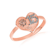 Tri-Color Gold Diamond Cut Beaded Heart 15 Años Flower Quinceañera Ring (Available in Yellow/Rose/White Gold)