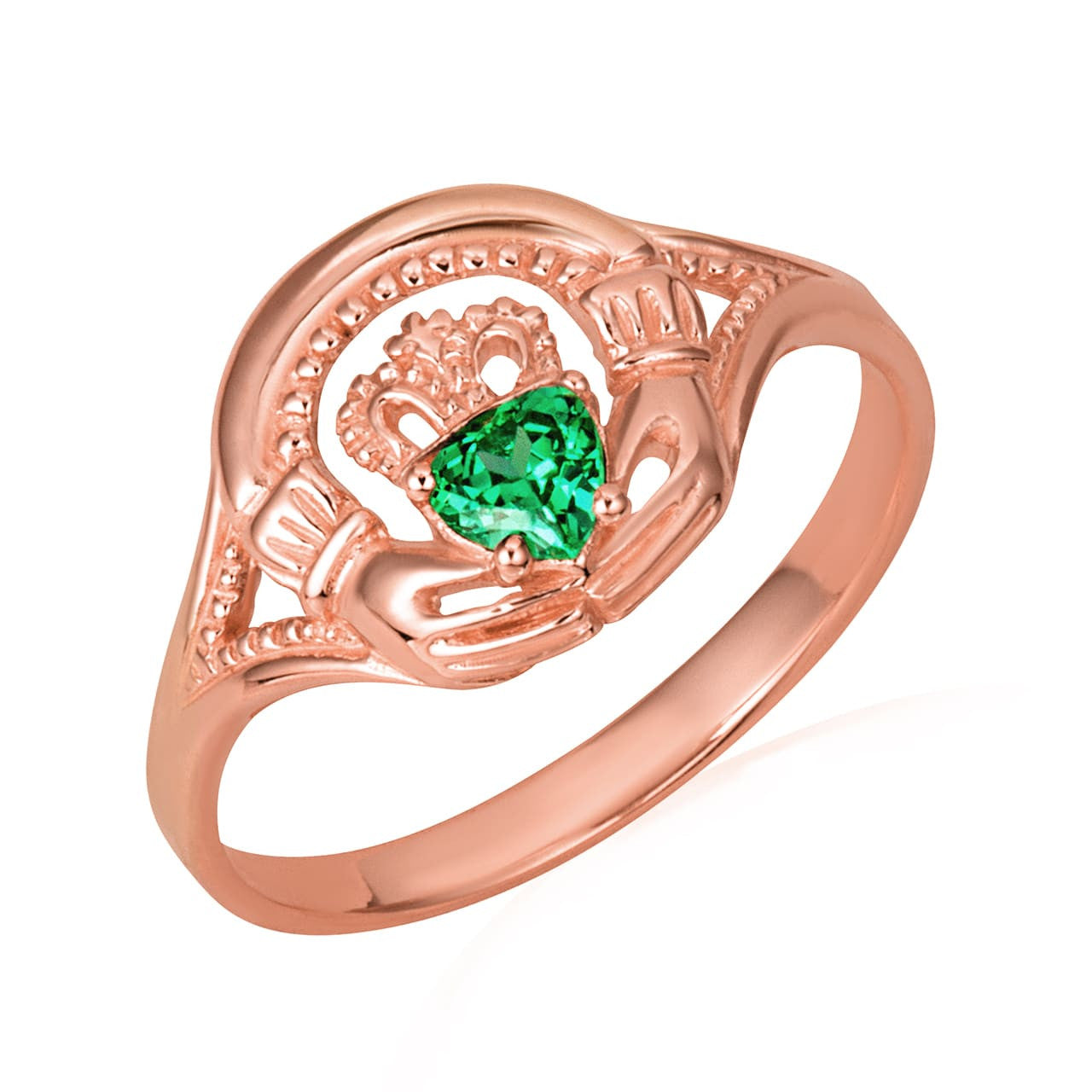 Gold Woman's Alluring Emerald Claddagh Ring (Available in Yellow/Rose/White Gold)