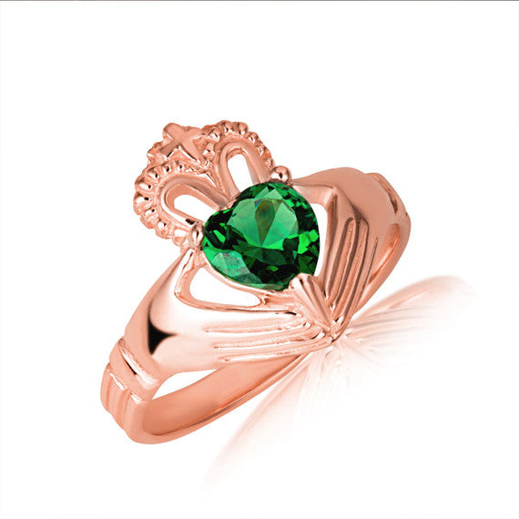 Gold Woman's Elegant Claddagh Birthstone Heart Shape Ring (Available in Yellow/Rose/White Gold)