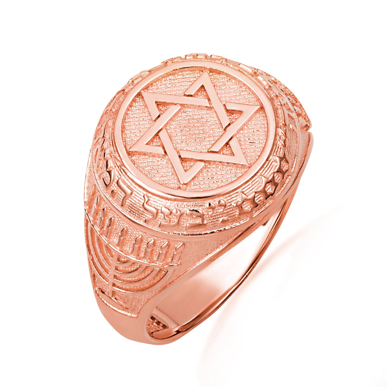 Gold Jewish Star Of David Hebrew Menorah Signet Ring (Available in Yellow/Rose/White Gold)