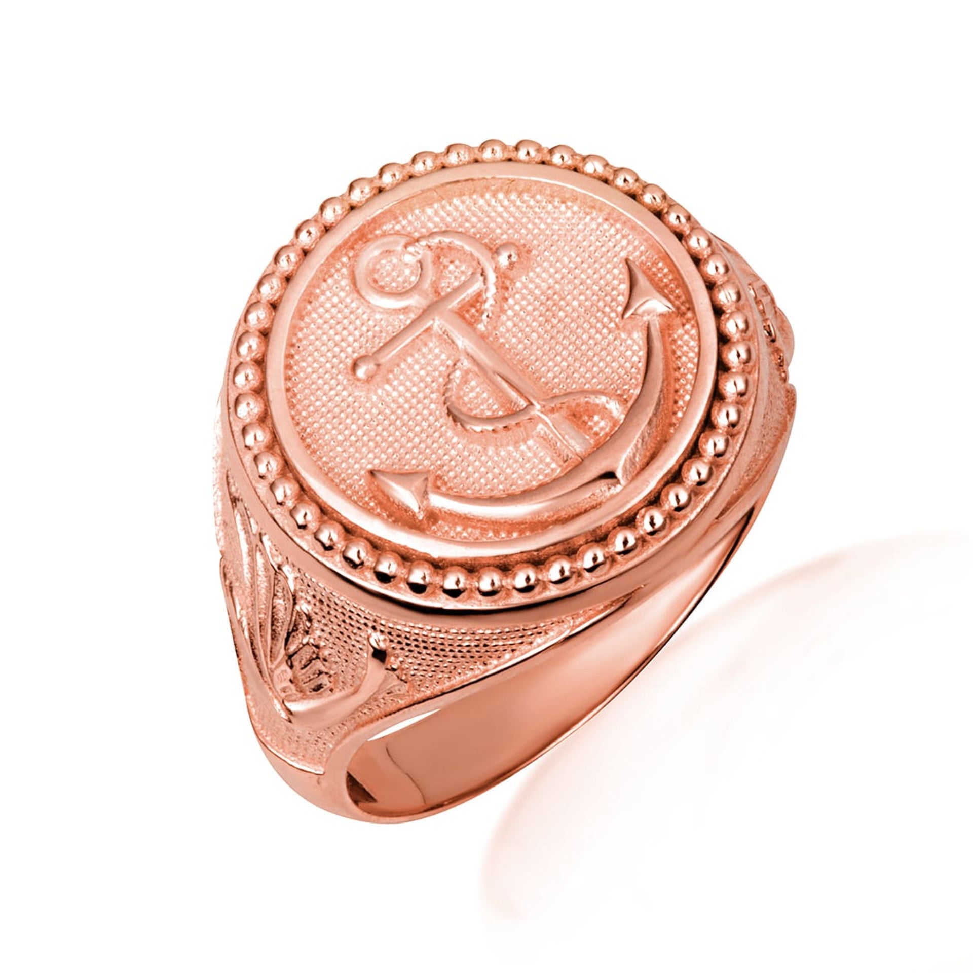 Gold Nautical Anchor Rope Beaded Dove Signet Ring (Available in Yellow/Rose/White Gold)