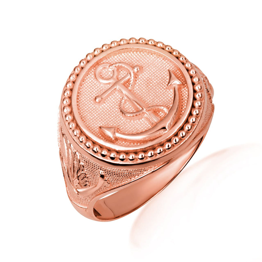 Gold Nautical Anchor Rope Beaded Dove Signet Ring (Available in Yellow/Rose/White Gold)