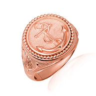Gold Nautical Anchor Rope Beaded Dove Signet Ring (Available in Yellow/Rose/White Gold)
