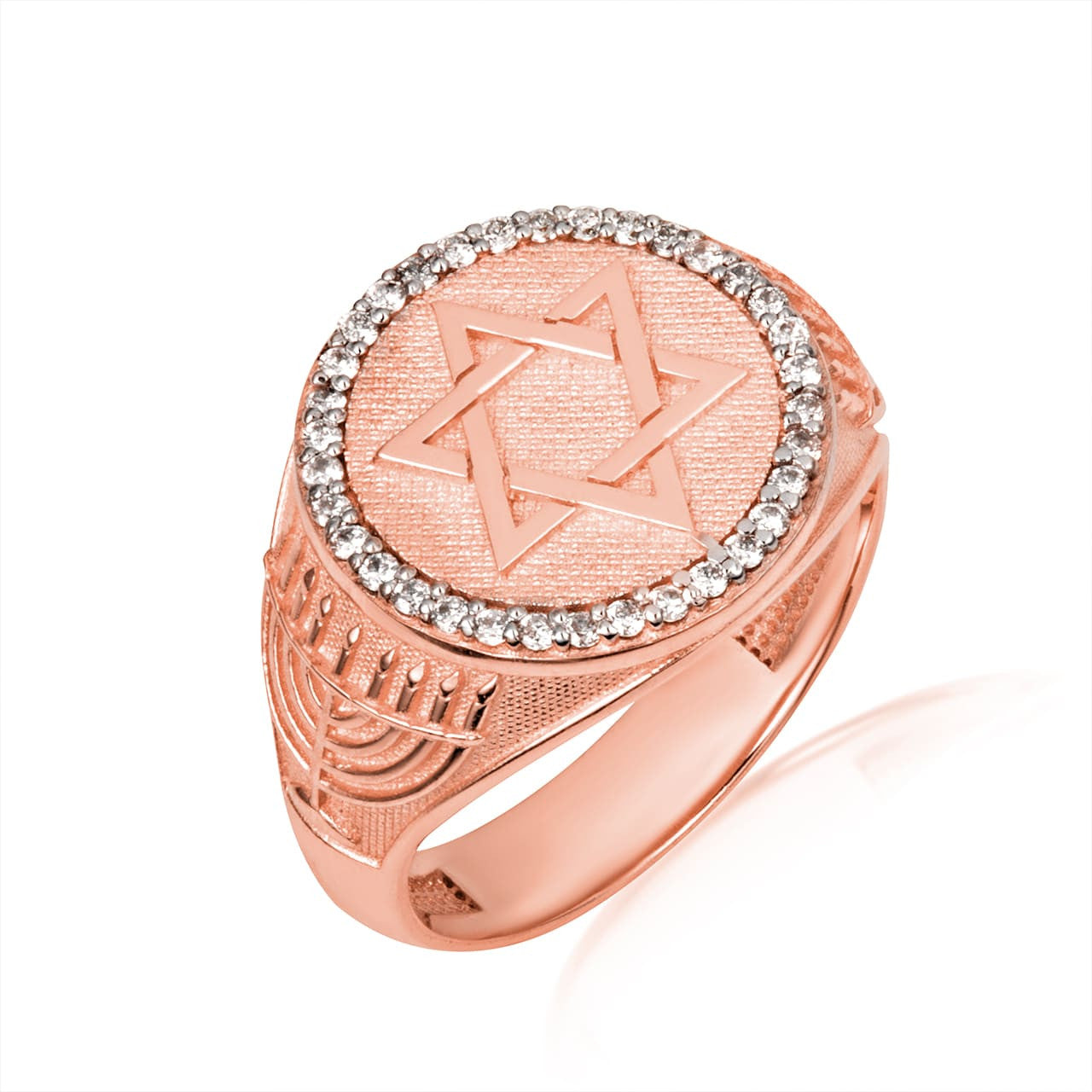 Gold Diamond Jewish Star Of David Hebrew Menorah Signet Ring (Available in Yellow/Rose/White Gold)