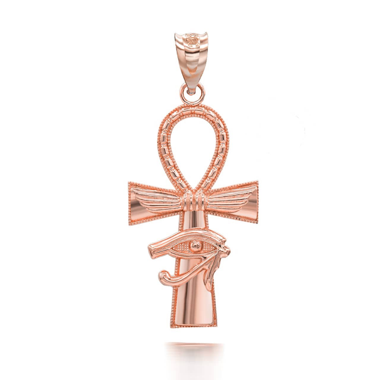 Gold Egyptian Winged Ankh Cross Eye of Horus Milgrain Pendant Necklace (Available in Yellow/Rose/White Gold)