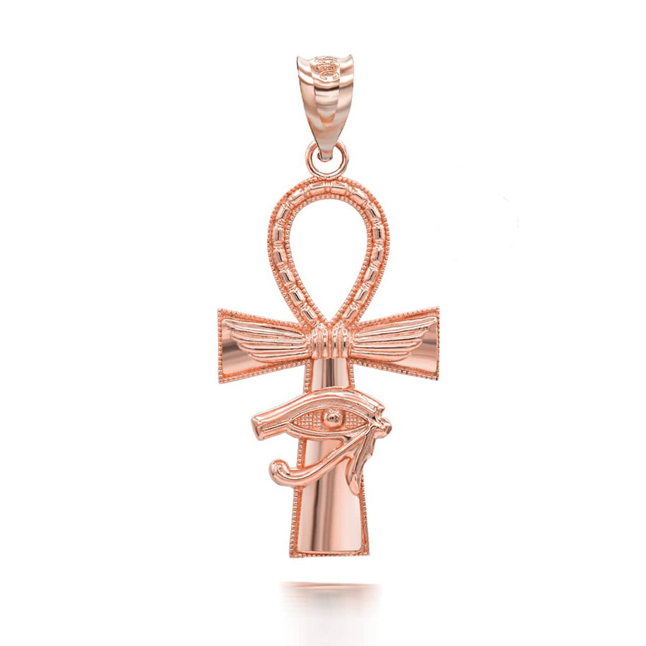 Gold Egyptian Winged Ankh Cross Eye of Horus Milgrain Pendant Necklace (Available in Yellow/Rose/White Gold)