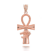 Gold Egyptian Winged Ankh Cross Eye of Horus Milgrain Pendant Necklace (Available in Yellow/Rose/White Gold)