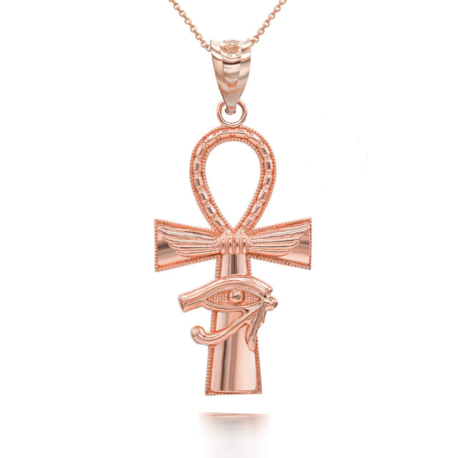 Gold Egyptian Winged Ankh Cross Eye of Horus Milgrain Pendant Necklace (Available in Yellow/Rose/White Gold)