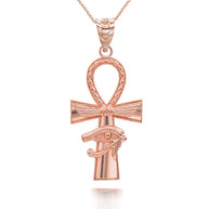 Gold Egyptian Winged Ankh Cross Eye of Horus Milgrain Pendant Necklace (Available in Yellow/Rose/White Gold)