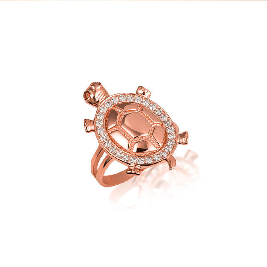 Gold Sea Turtle Cubic Zirconia Studded Ring 1.5mm (Available in Yellow/Rose/White Gold)
