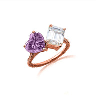 Gold Toi Et Moi Heart & Emerald Cut Gemstone Roped Twist Diamond Ring (Available in Yellow/Rose/White Gold)