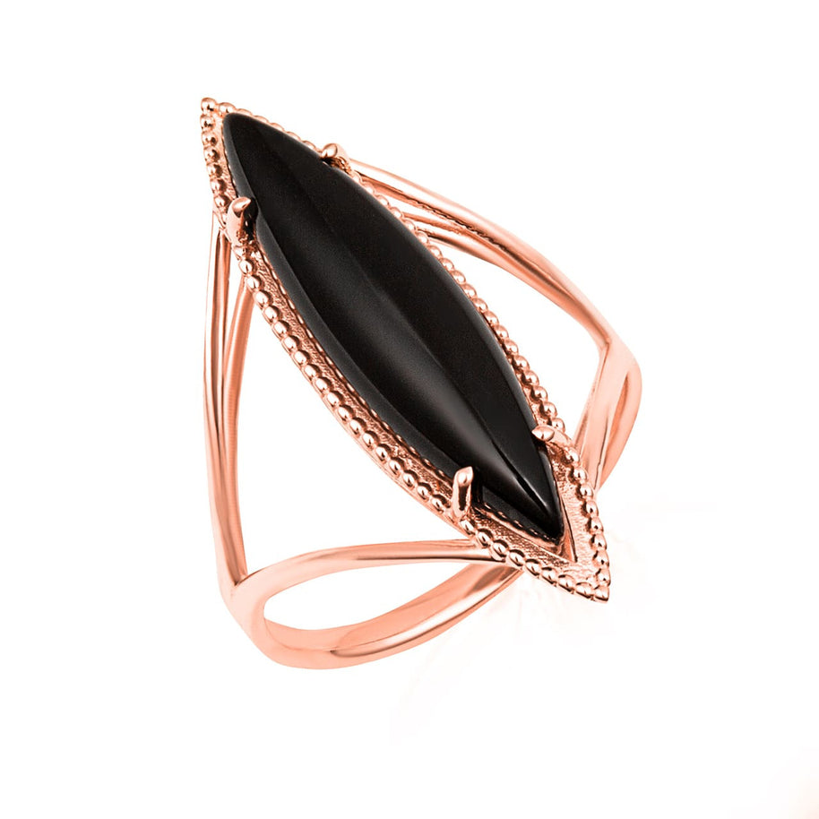 Gold Elongated Marquise Cut Black Onyx Gemstone Milgrain Ring (Available in Yellow/Rose/White Gold)