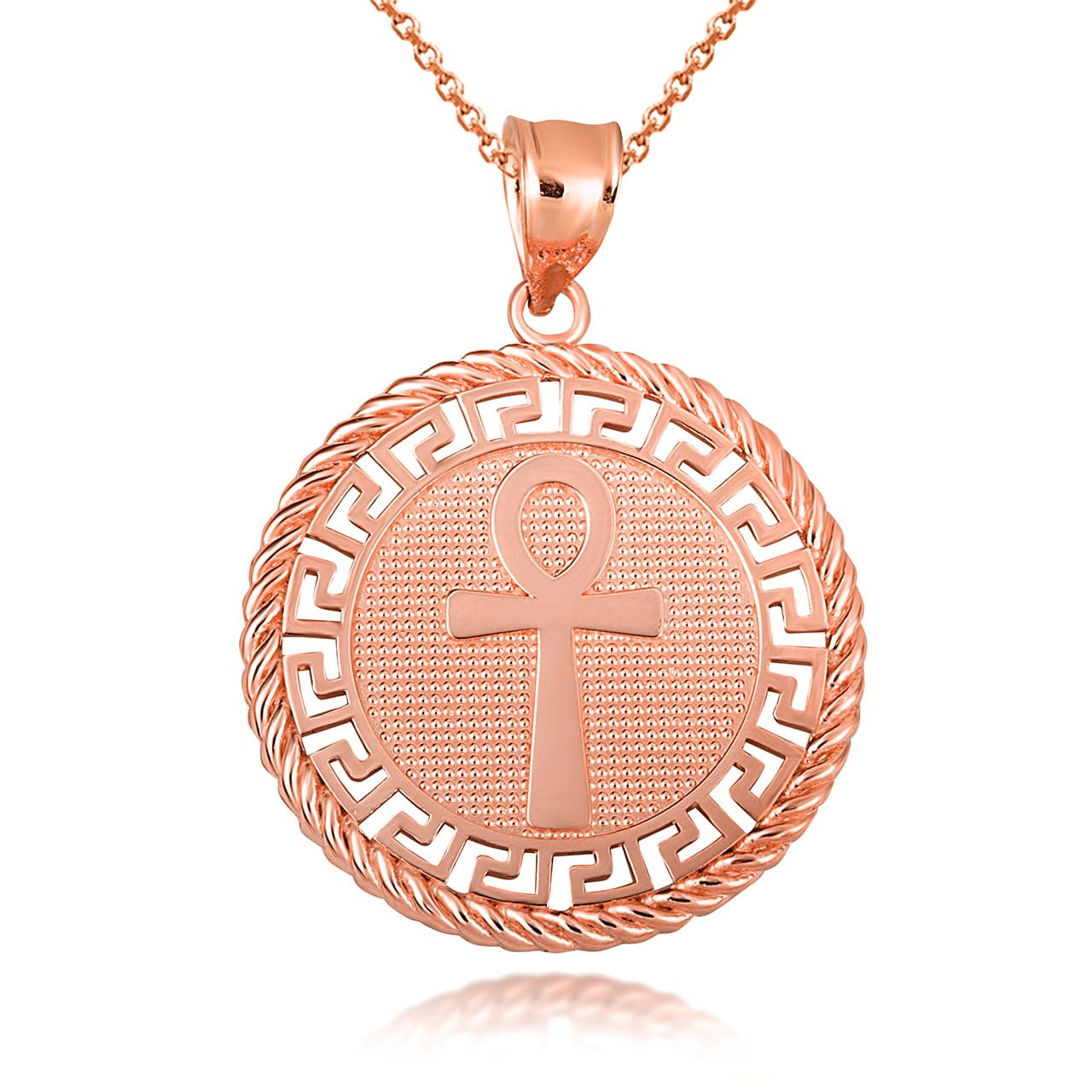 Gold Beaded Egyptian Ankh Amulet Greek Key Rope Pendant Necklace (Available in Yellow/Rose/White)