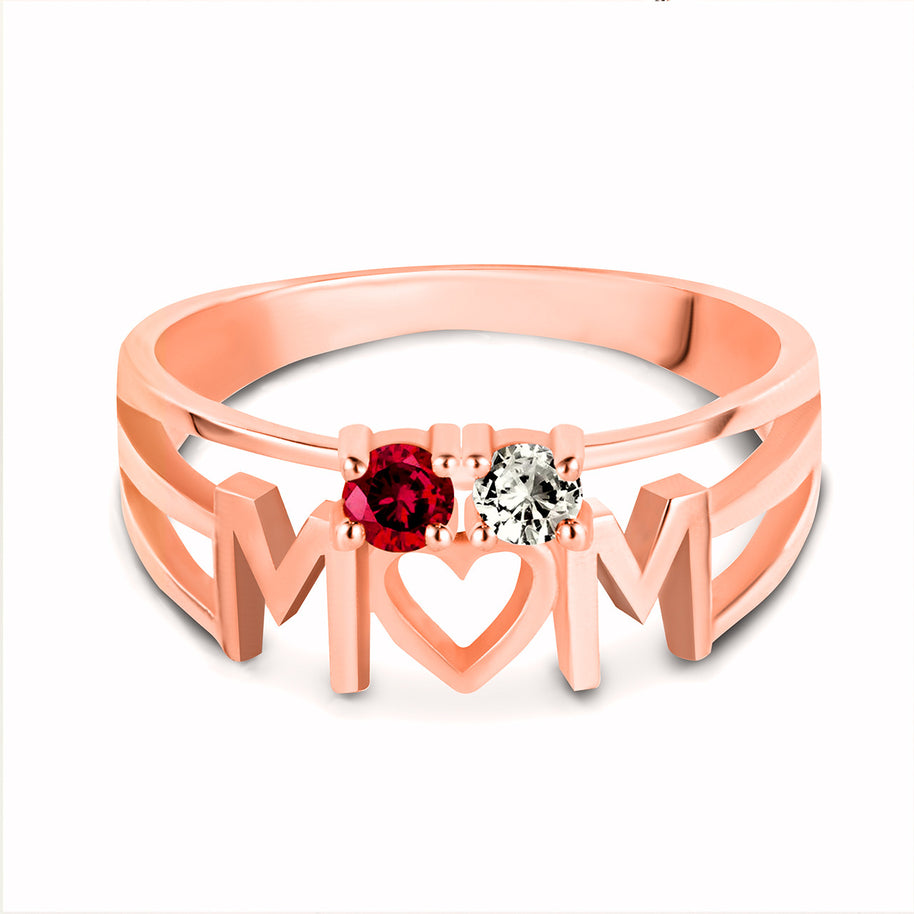 Gold Personalized Mom Heart 2 Birthstones Mother's Ring (Available in Yellow/Rose/White Gold)