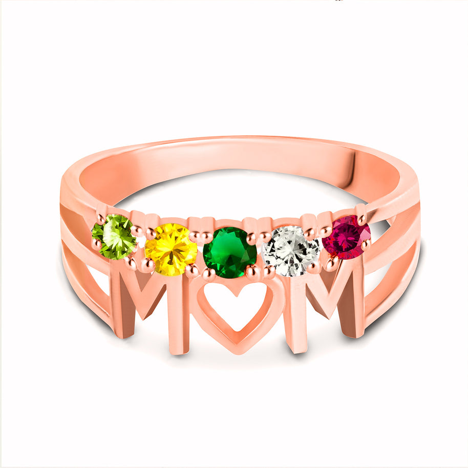 Gold Personalized Mom Heart 5 Birthstones Mother's Ring (Available in Yellow/Rose/White Gold)