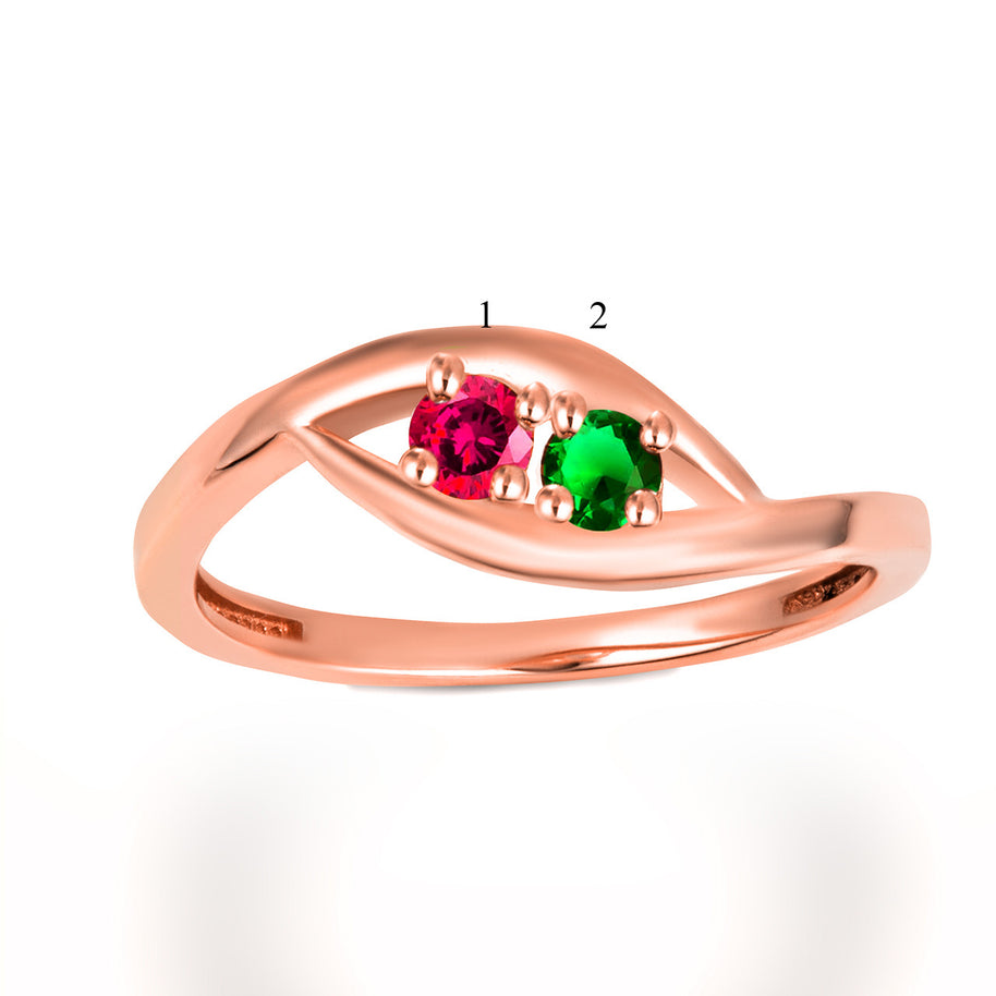 Gold Personalized Lab Created Two Birthstone Wavy Band Ring (Available in Yellow/Rose/White Gold)