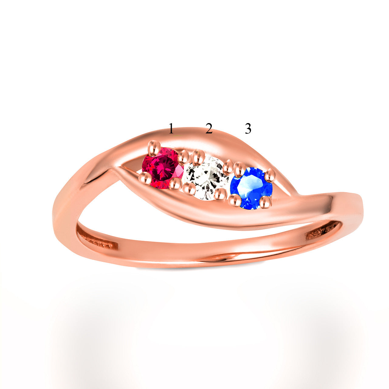 Gold Personalized Lab Created Three Birthstone Wavy Band Ring (Available in Yellow/Rose/White Gold)