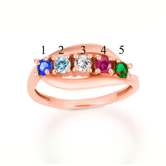 Gold Personalized Lab Created Five Birthstone Wavy Band Ring (Available in Yellow/Rose/White Gold)