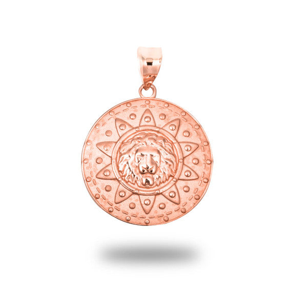 Gold Lion Head Sun Beaded Medallion Pendant Necklace (Available in Yellow/Rose/White Gold)