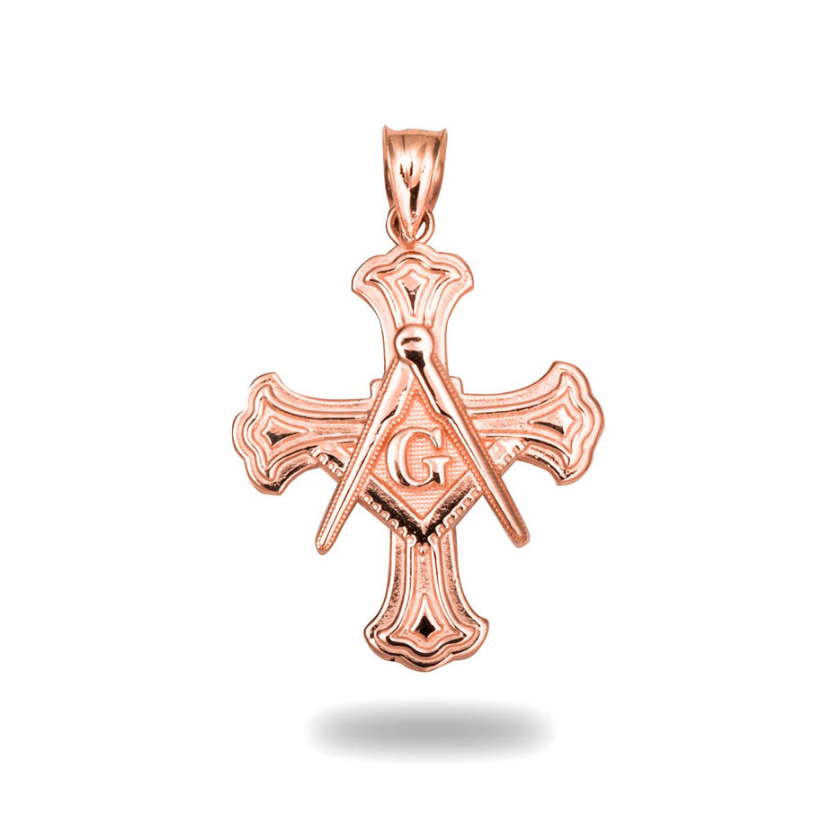 Gold Freemason Cross Square and Compass Pendant Necklace (Available in Yellow/Rose/White Gold)