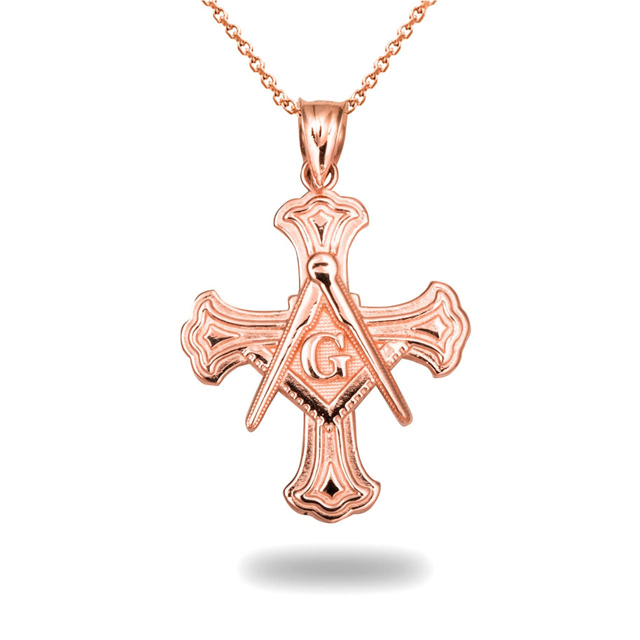 Gold Freemason Cross Square and Compass Pendant Necklace (Available in Yellow/Rose/White Gold)