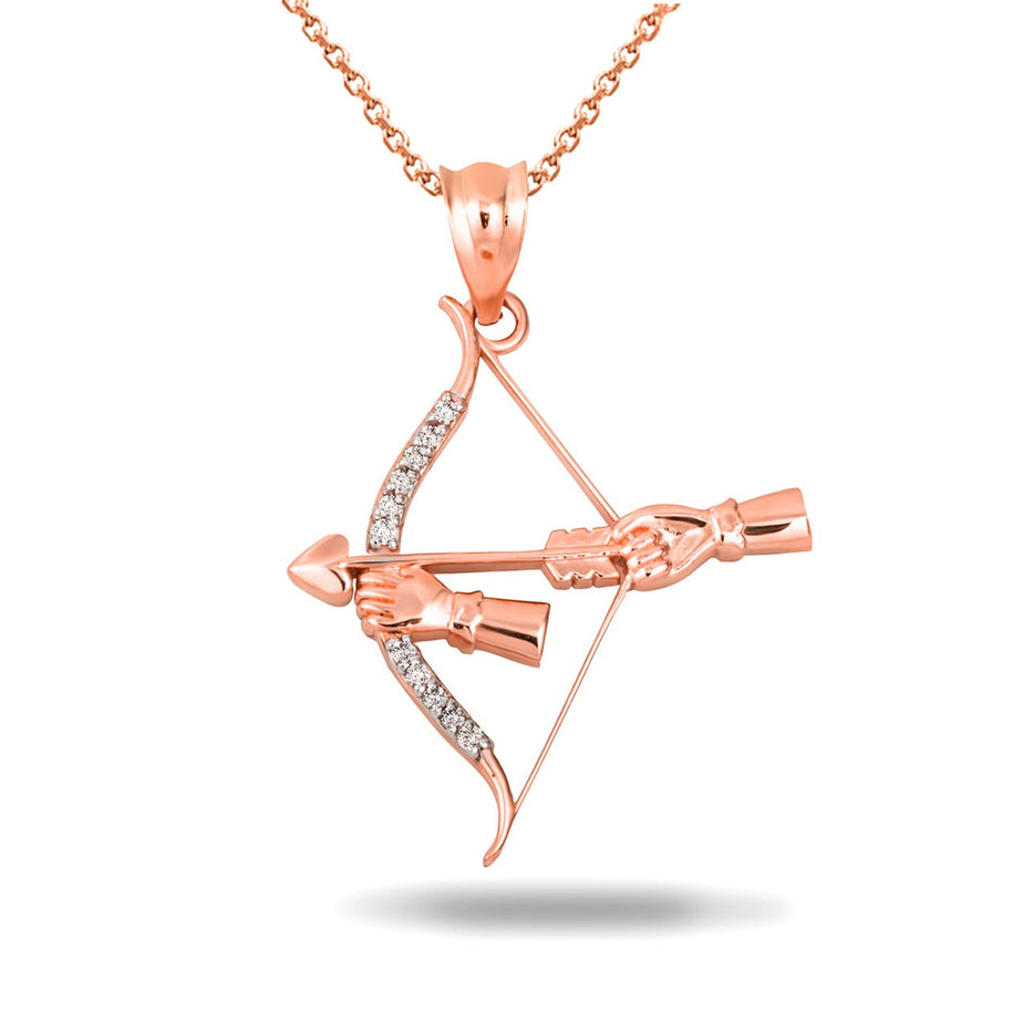 Gold Diamond Bow & Arrow Heart Cupid Archer Pendant Necklace (Available in Yellow/Rose/White Gold)