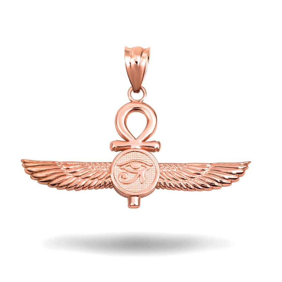 Gold Egyptian Ankh Cross Eye Of Horus Wedjat Winged Goddess Isis Protection Pendant Necklace (Available in Yellow/Rose/White Gold)