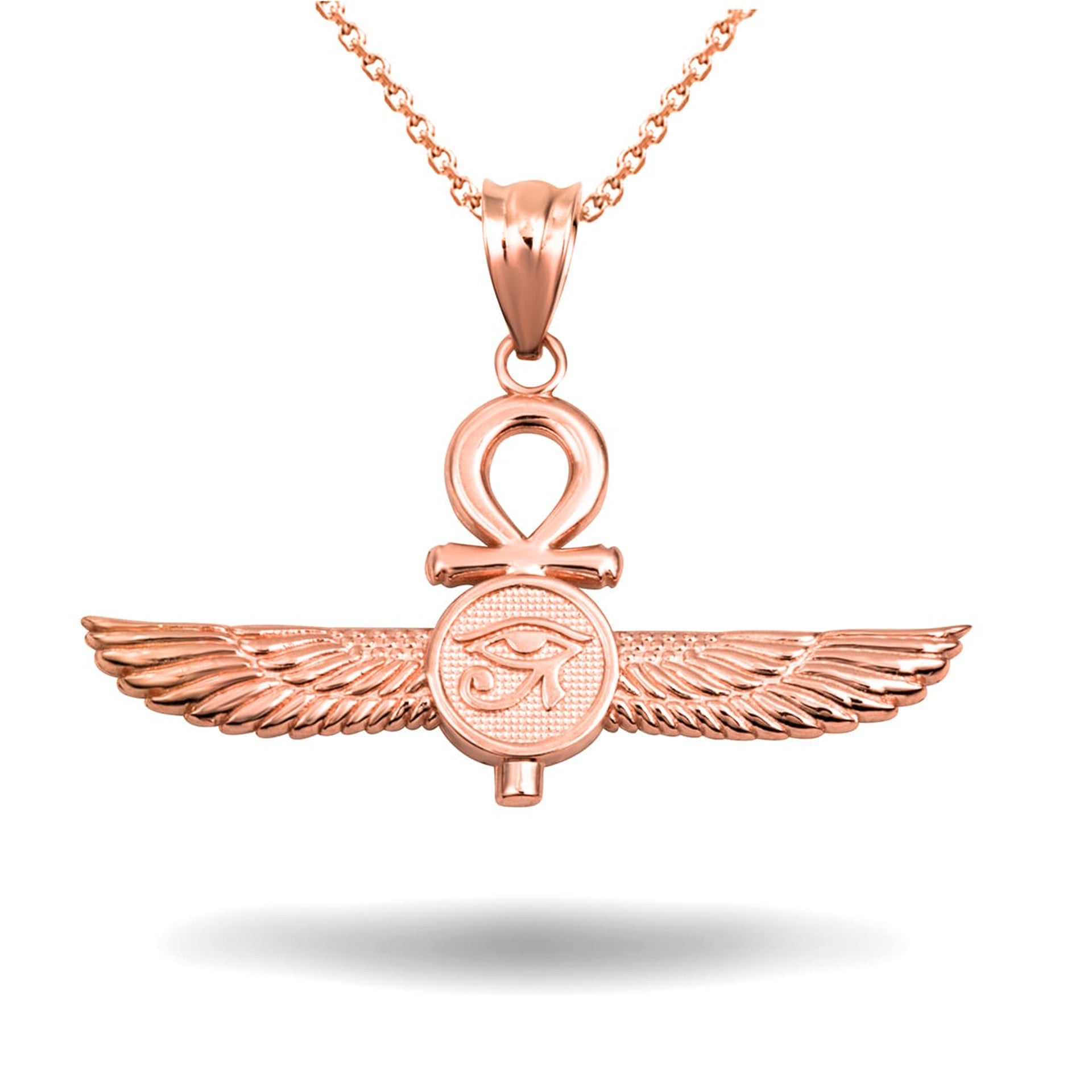 Gold Egyptian Ankh Cross Eye Of Horus Wedjat Winged Goddess Isis Protection Pendant Necklace (Available in Yellow/Rose/White Gold)
