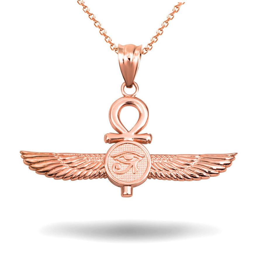 Gold Egyptian Ankh Cross Eye Of Horus Wedjat Winged Goddess Isis Protection Pendant Necklace (Available in Yellow/Rose/White Gold)