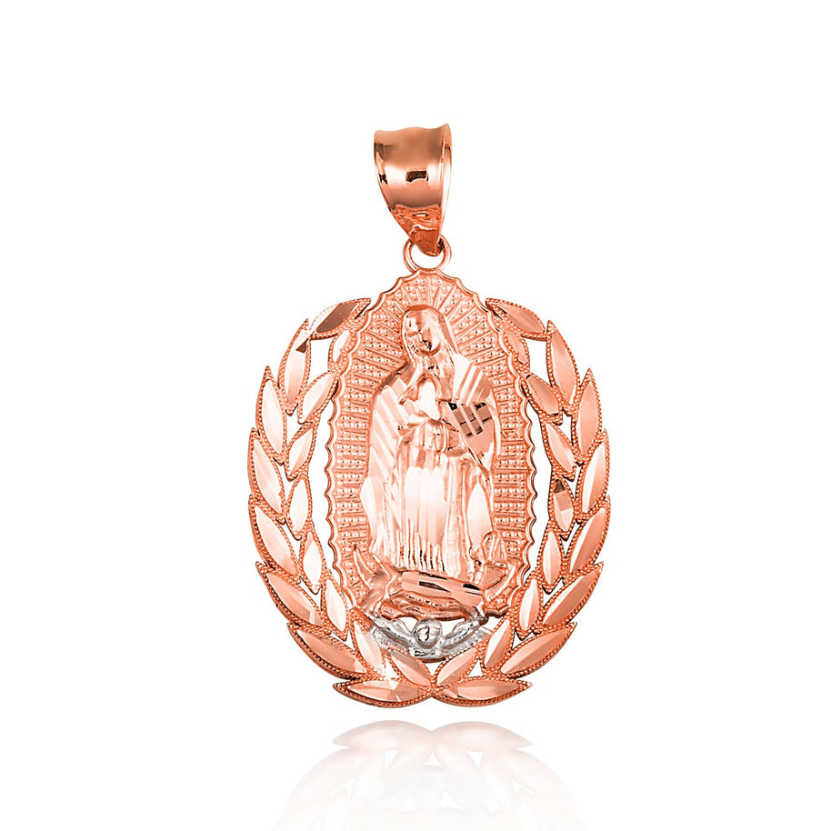 Two-Tone Gold Our Lady Of Guadalupe Laurel Wreath Milgrain Pendant Necklace (Available in Yellow/Rose/White Gold).