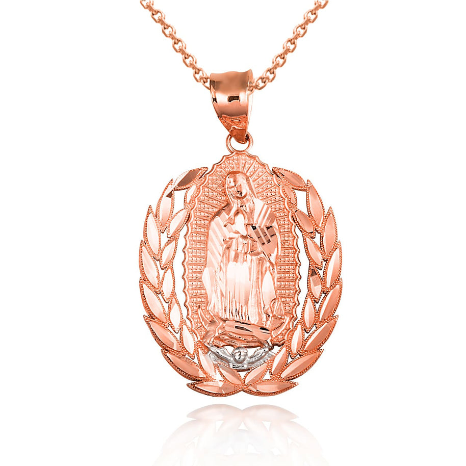 Two-Tone Gold Our Lady Of Guadalupe Laurel Wreath Milgrain Pendant Necklace (Available in Yellow/Rose/White Gold).