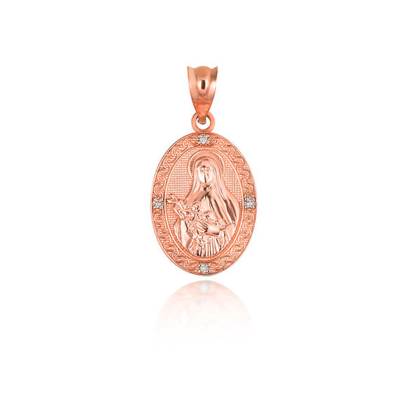 Gold Engravable Patron Saint Therese Of Lisieux Diamond Oval Medallion Pendant Necklace (Available in Yellow/Rose/White Gold)