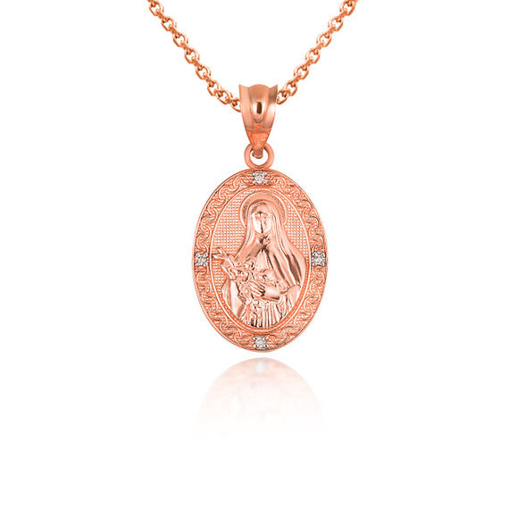 Gold Engravable Patron Saint Therese Of Lisieux Diamond Oval Medallion Pendant Necklace (Available in Yellow/Rose/White Gold)