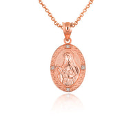 Gold Engravable Patron Saint Therese Of Lisieux Diamond Oval Medallion Pendant Necklace (Available in Yellow/Rose/White Gold)