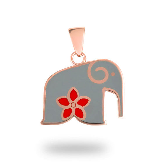Rose Gold Elephant Red Hawaiin Plumeria Flower Enamel Pendant Necklace