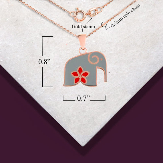 Rose Gold Elephant Red Hawaiin Plumeria Flower Enamel Pendant Necklace