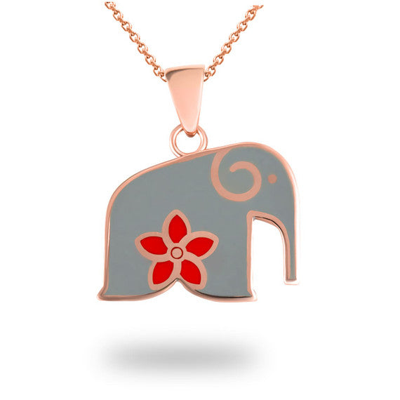 Rose Gold Elephant Red Hawaiin Plumeria Flower Enamel Pendant Necklace