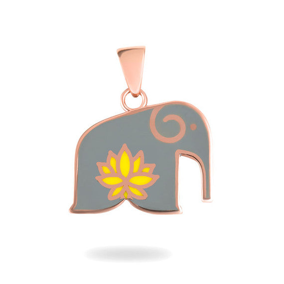 Rose Gold Elephant Yellow Lotus Flower Enamel Pendant Necklace